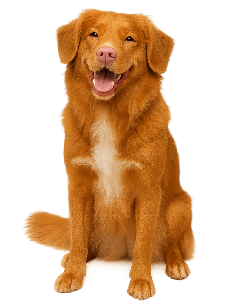 Ein fröhlicher Toller sitzt. Ein lächelnder, Hund der Rasse Toller, sitzt aufrecht mit strahlendem Fell.
