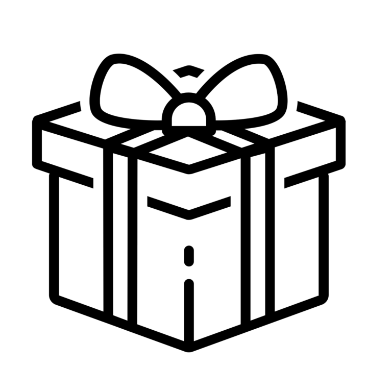 Geschenkbox für Gutschein als Grafik Geschenkbox mit Schleife, in minimalistischer, schwarzer Linie gezeichnet.