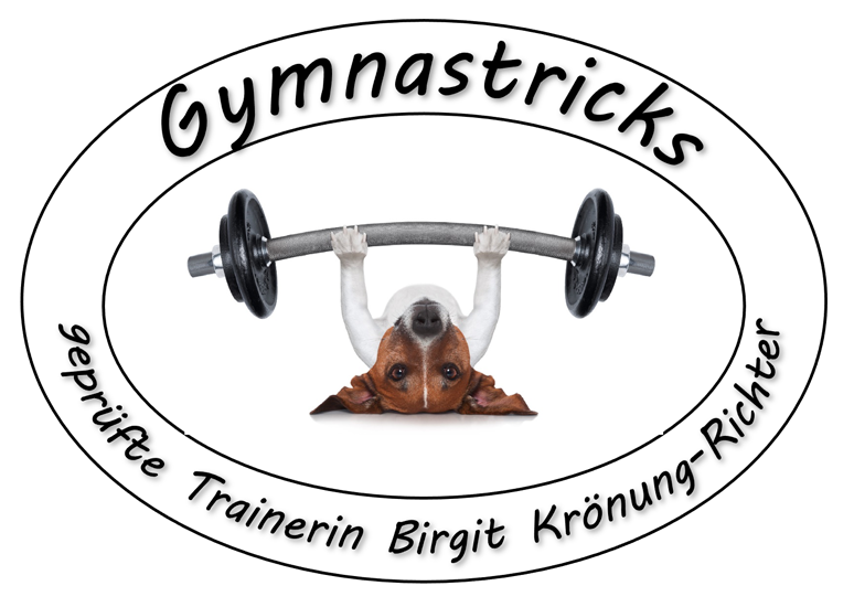 Logo von Gymnastricks Logo von Gymnastricks mit einer Hantel und dem Namen der Trainerin Birgit Krönung-Richet.